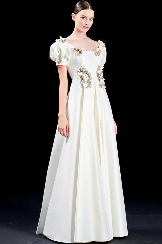 Taffeta Long Dress with 3D Flower Appliqué