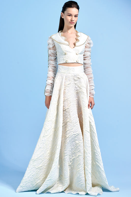 Organza Ruffled Jacquard Jacket with Metallic Yarn Detail and Jacquard Skirt with Metallic Yarn Detail