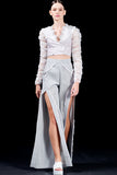 Organza Ruffled Jacquard Jacket with Metallic Yarn Detail and Jacquard Trimmed Cotton Twill Pant