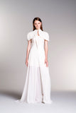 Cape Sleeves Cotton Twill and Mesh Long Dress