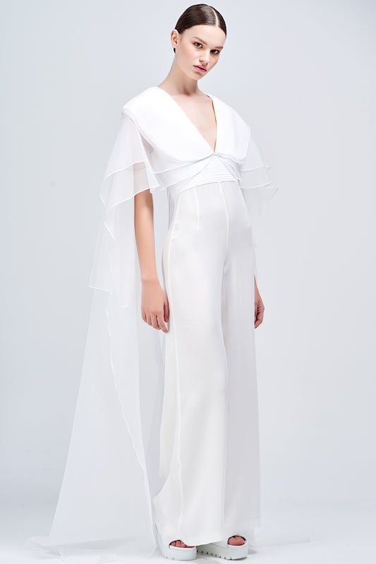 Viscose Satin Jumpsuit with Organza Cape