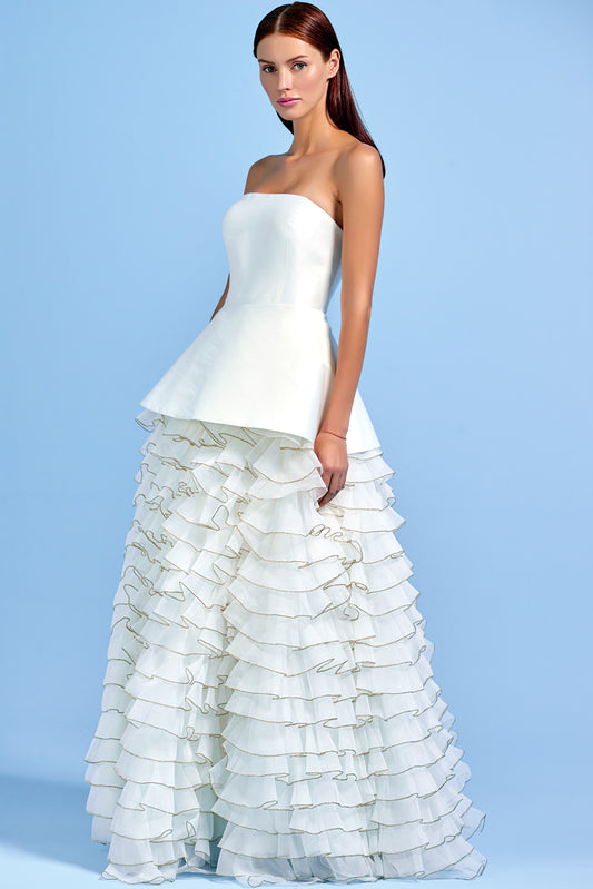 Organza Ruffles with Metallic Yarn Detailed Taffeta Long Dress