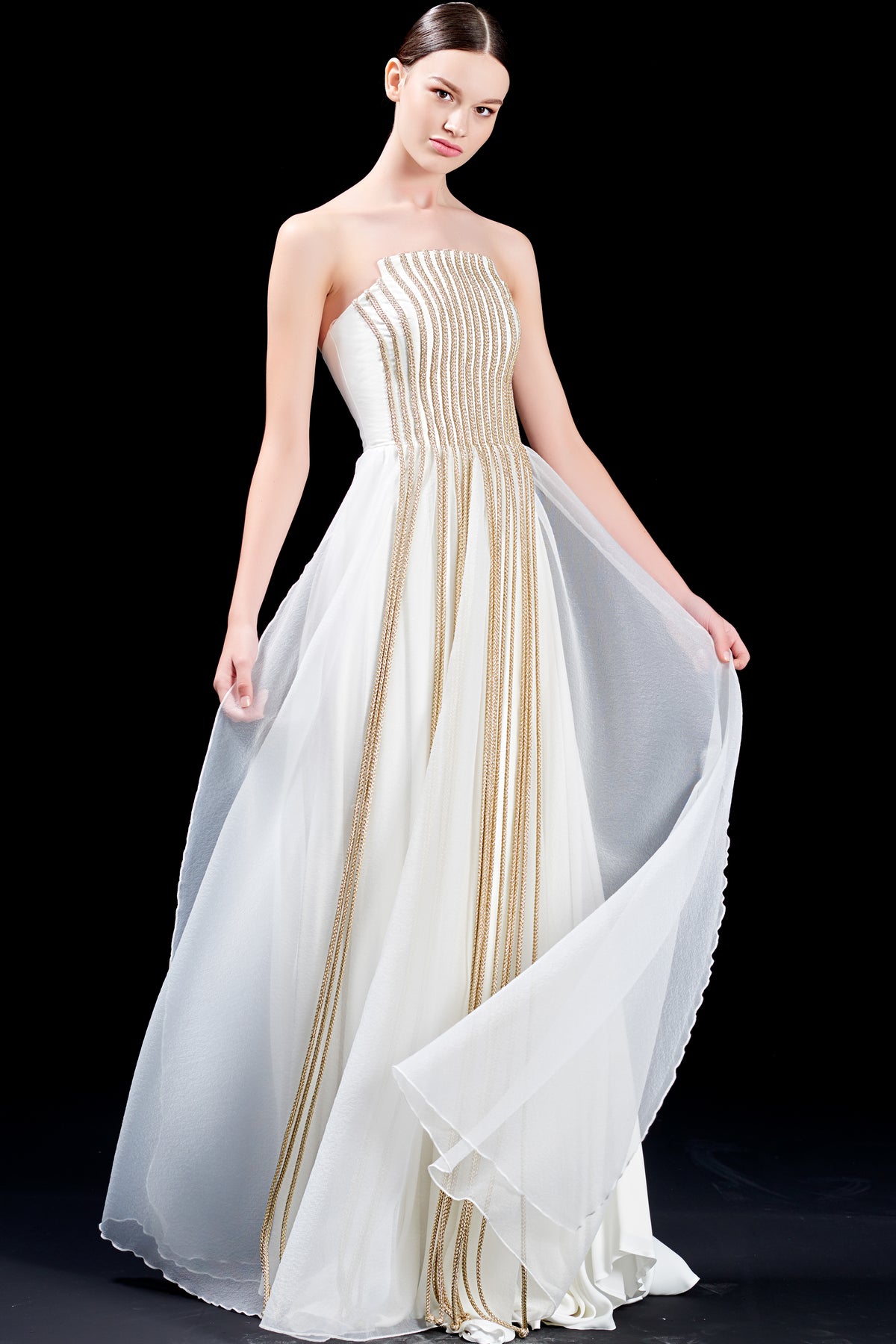 Strapless Taffeta and Organza Long Dress