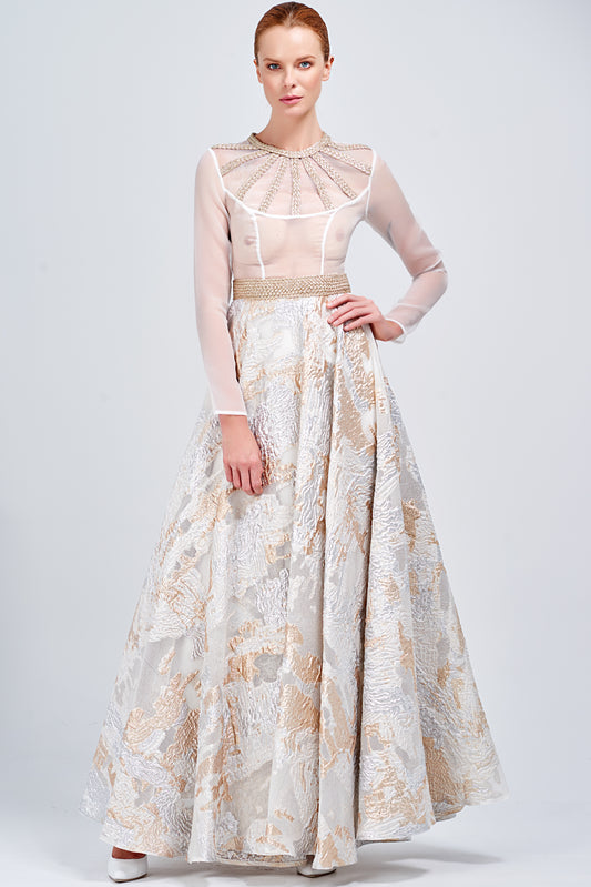 Metallic Cord Detailed Organza and Metallic Jacquard Organza Long Dress