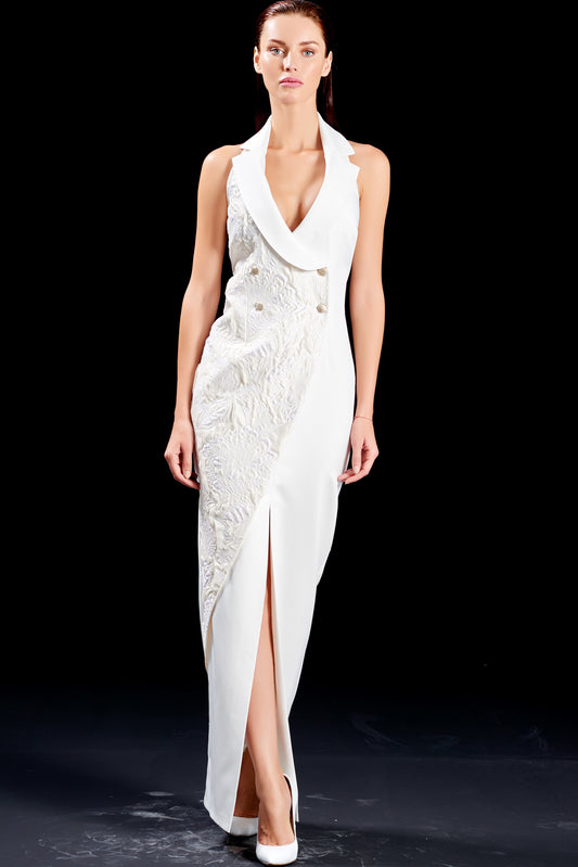 Jacquard and Taffeta Asymmetric Long Dress