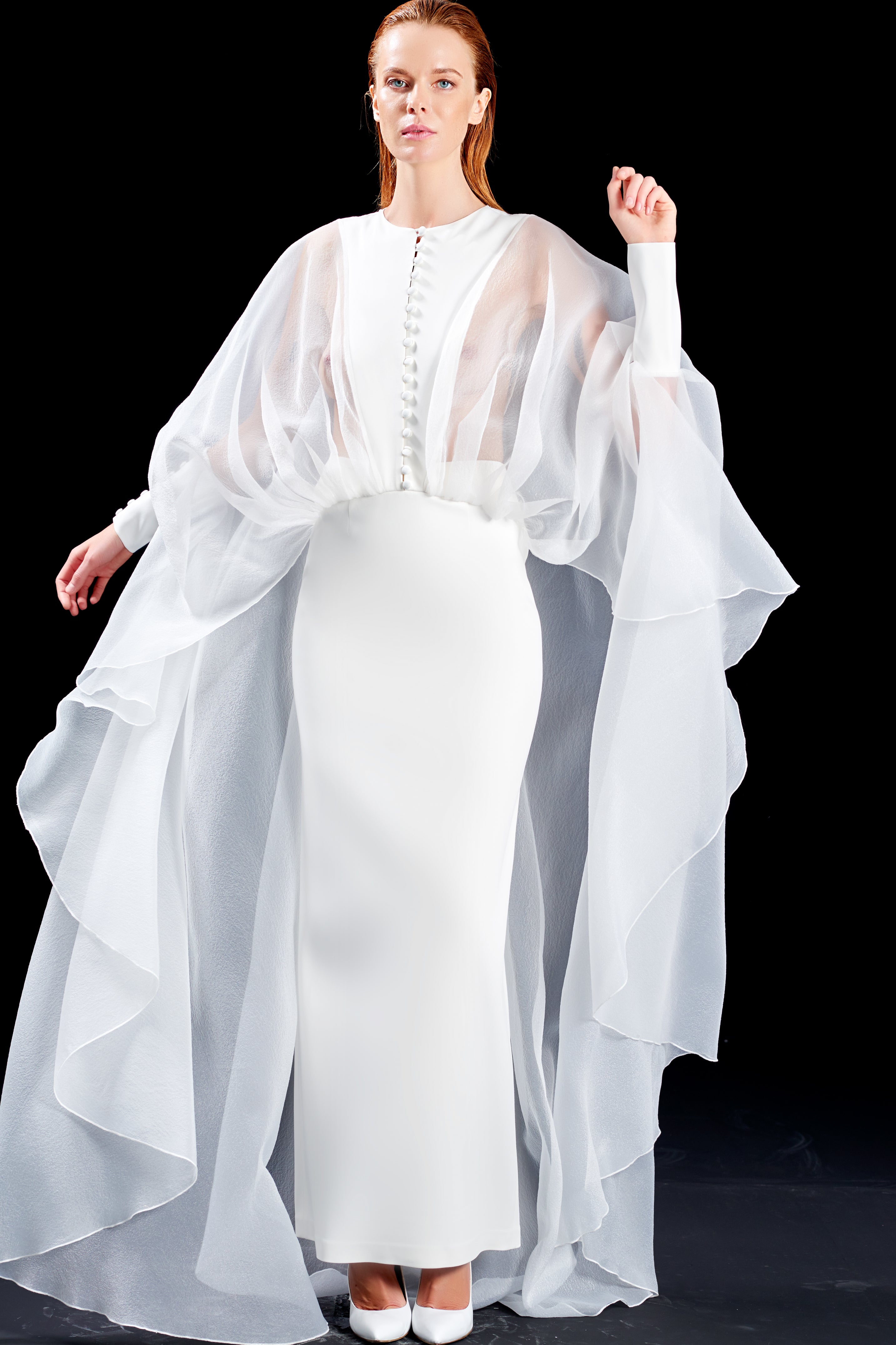 Faille Long Dress with Organza Cape