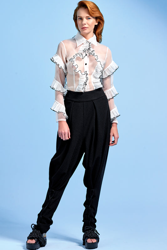 Ruffled Organza Blouse with Jacquard Shalwar Pant