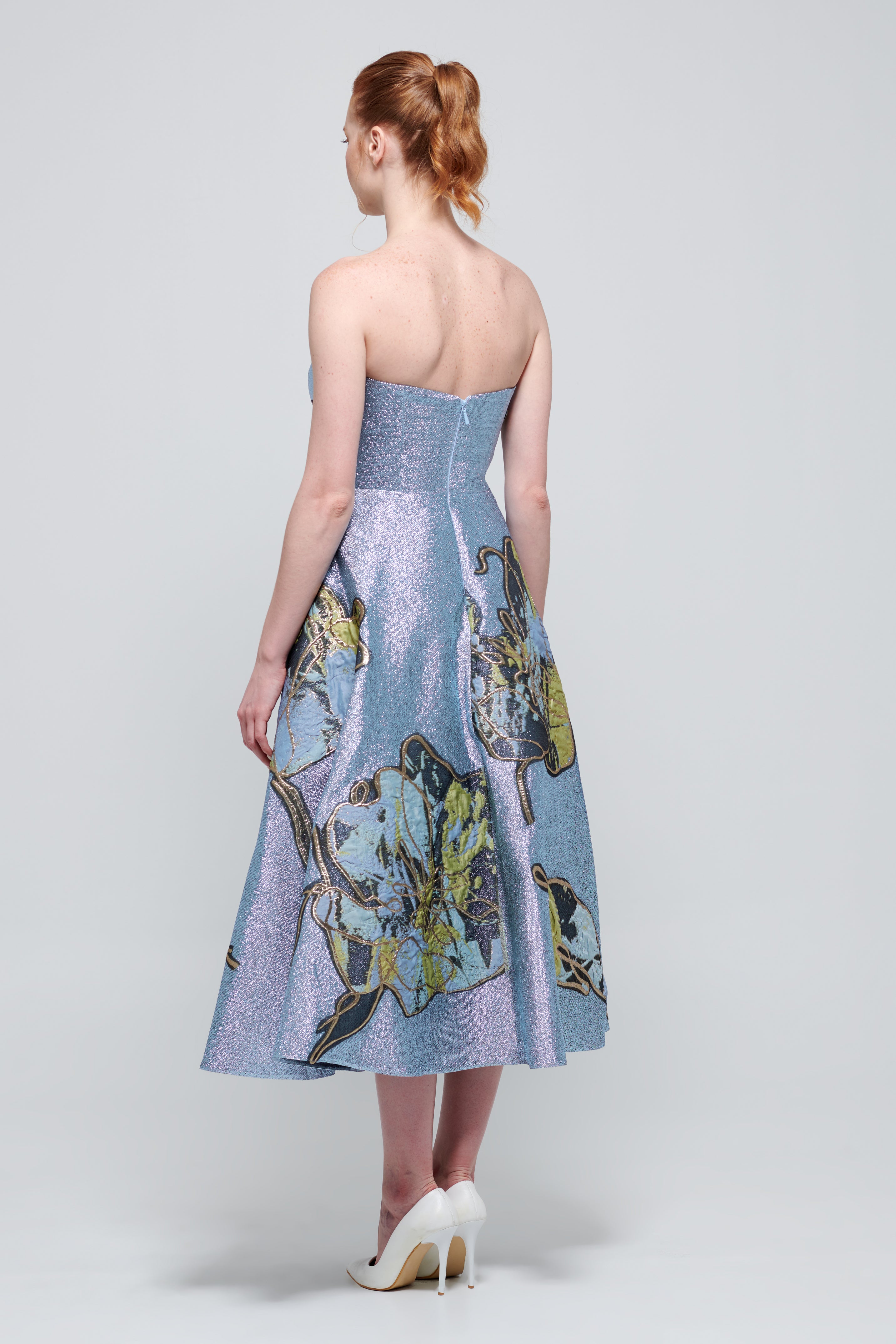 Light Blue Metallic Jacquard Midi Strapless Dress