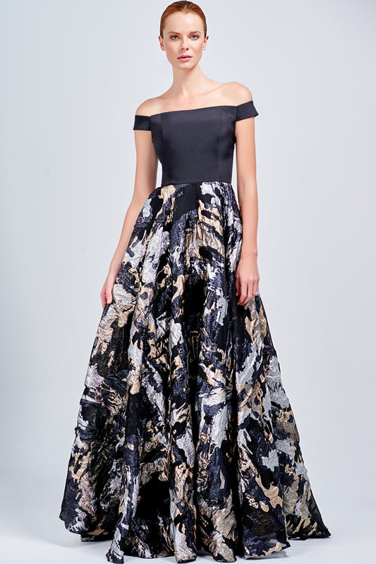 Off-Shoulder Metallic Burn-Out Organza and Faille Long Dress