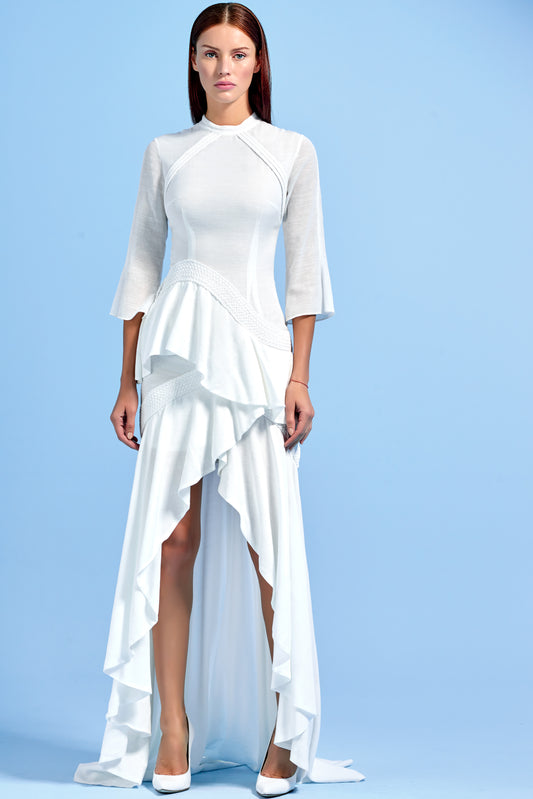 Metallic Band Detailed Viscose Jacquard Long Dress