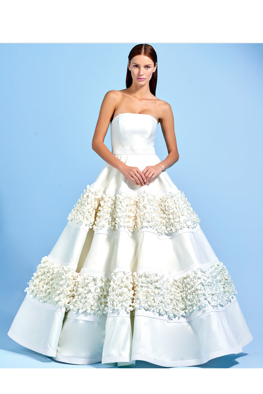 Strapless Taffeta Full Gown with 3D Flower Appliqué