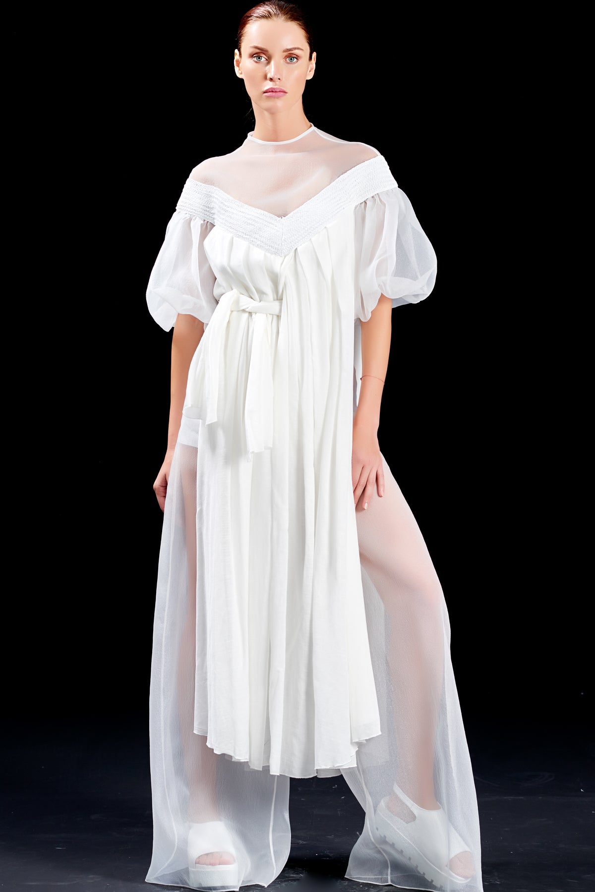 Metallic Cord Detailed Viscose Jacquard and Organza Top with Organza Pant