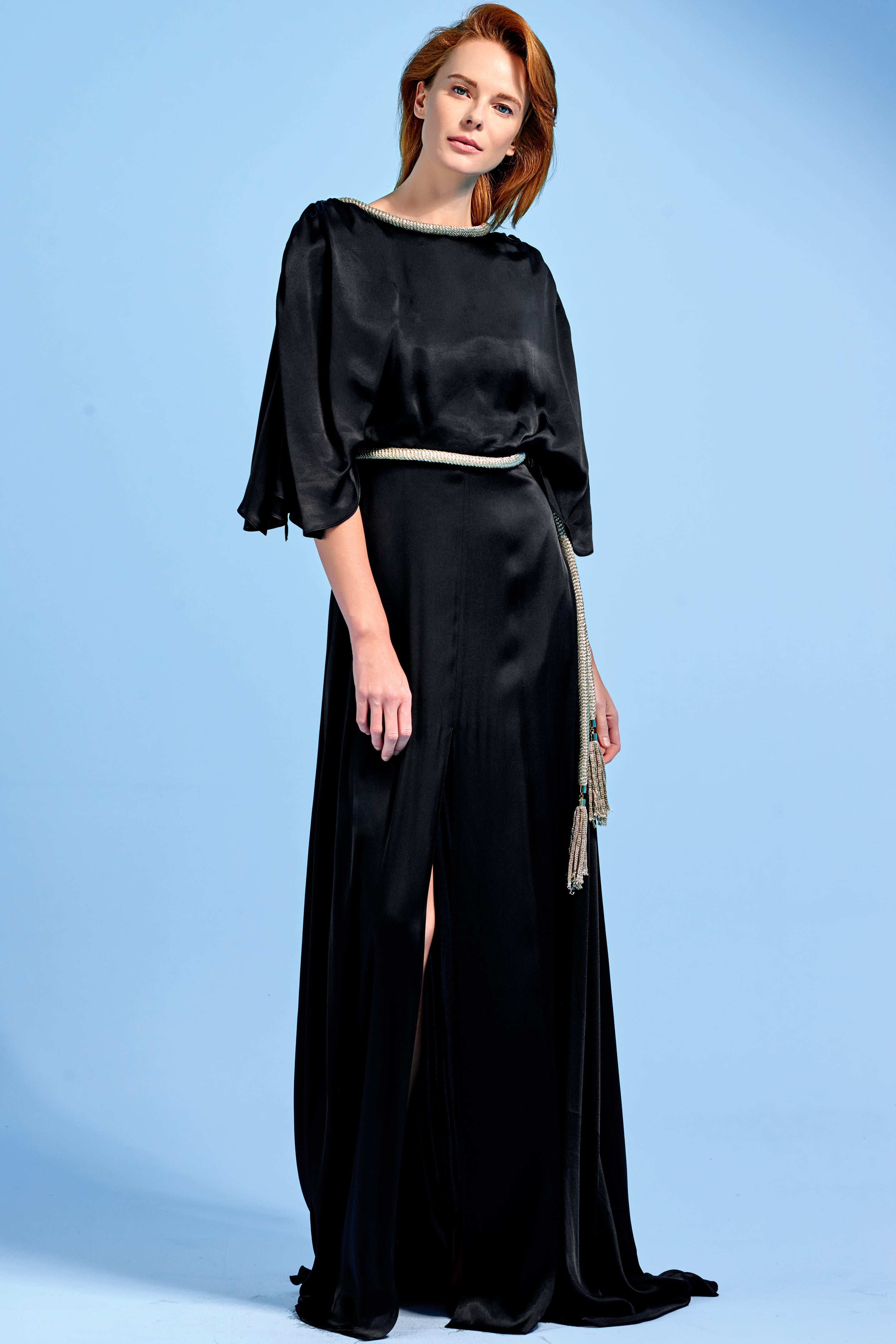 Metallic Knotted Cord Detailed Viscose Satin Long Dress Metallic Knotted Cord Detailed Viscose Satin Long Dress