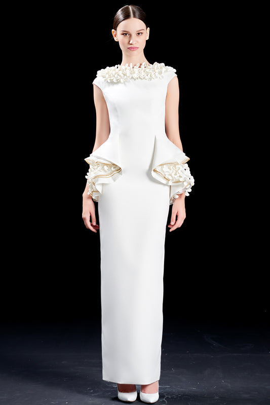 Structured Long Dress with 3D Flower Appliqué