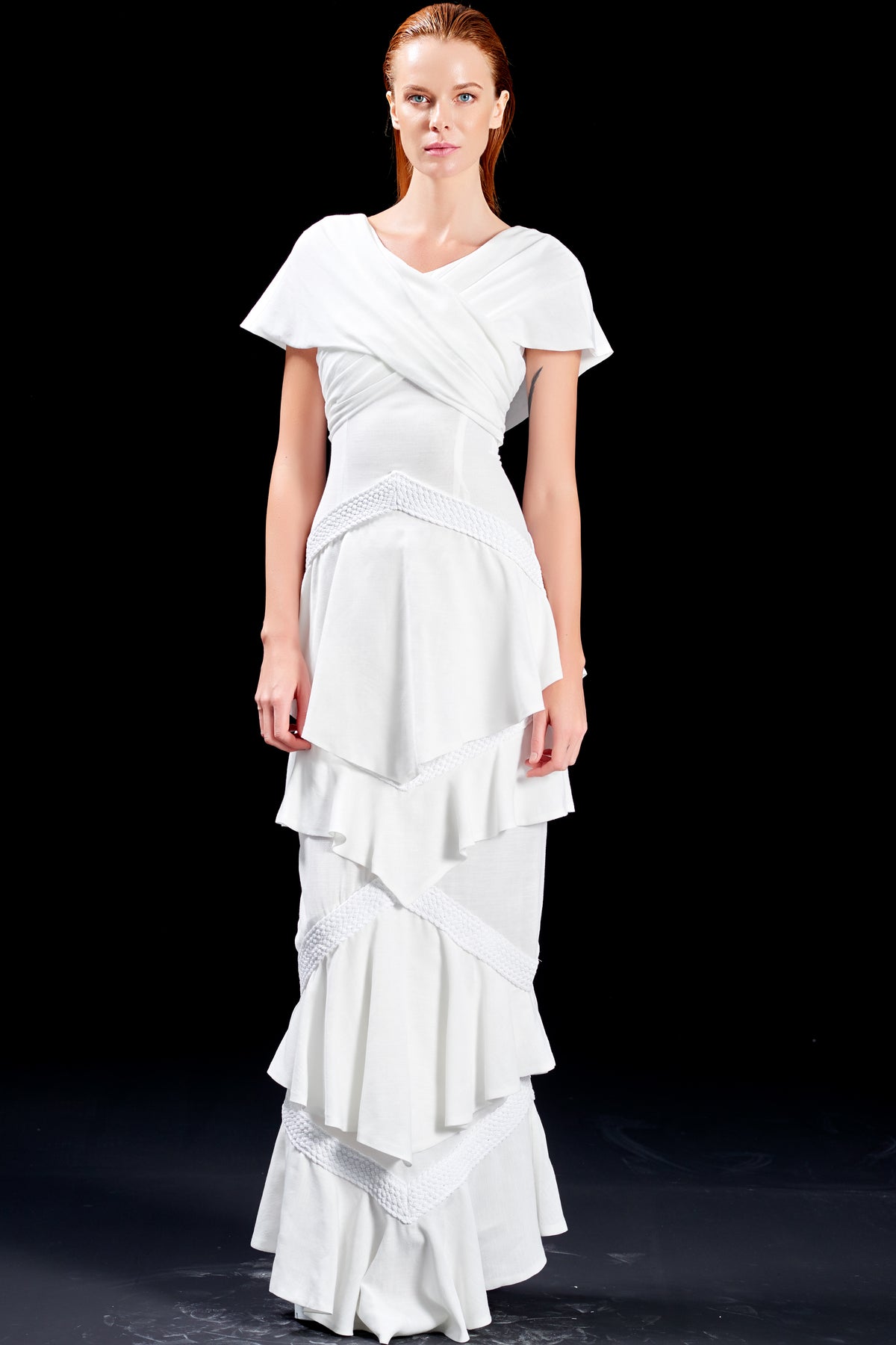 Metallic Band Detailed Viscose Jacquard Long Dress