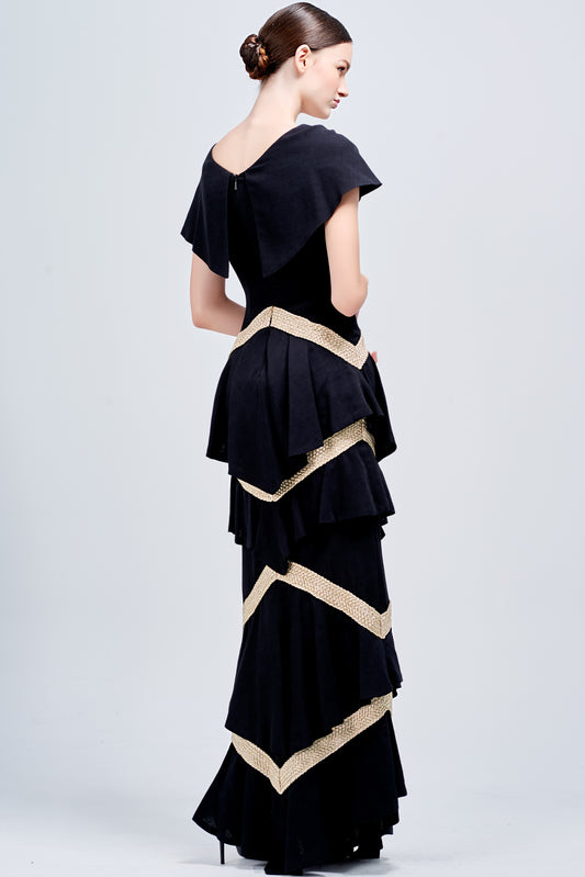 Metallic Band Detailed Viscose Jacquard Long Dress