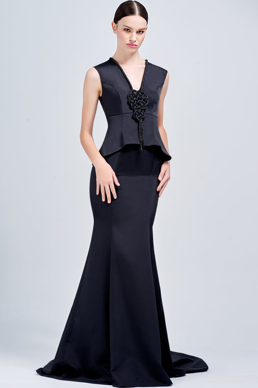 Structured Faille Mermaid Dress with Metallic Knotted Cord