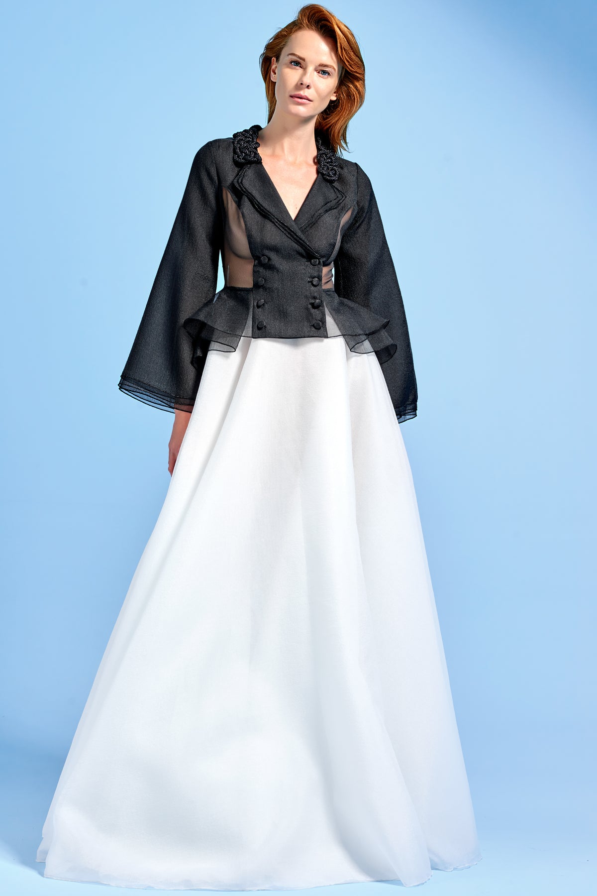Structured Organza Jacket with Metallic Hand-Weaved Detail and A-Line Organza Skirt