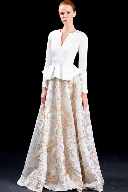 Structured Faille and Metallic Burn-Out Organza Long Dress