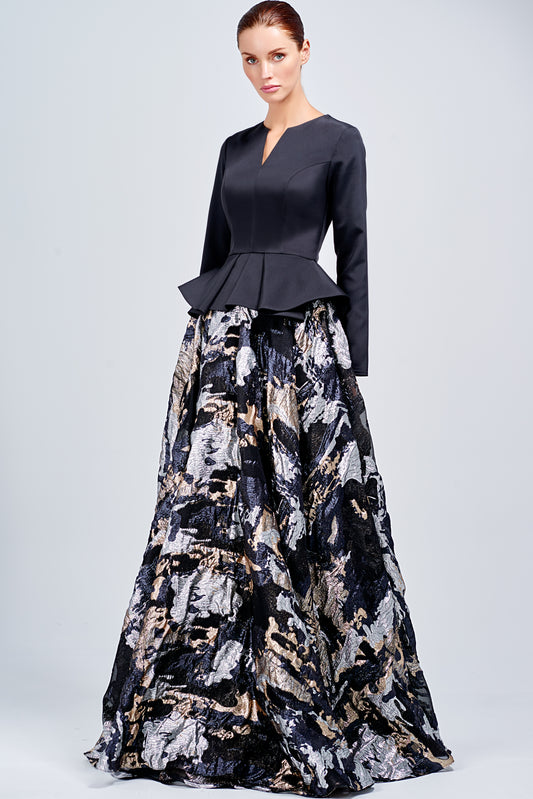 Structured Faille and Metallic Burn-Out Organza Long Dress