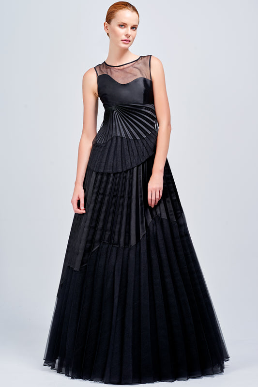 Pleated Taffeta and Organza Long Dress