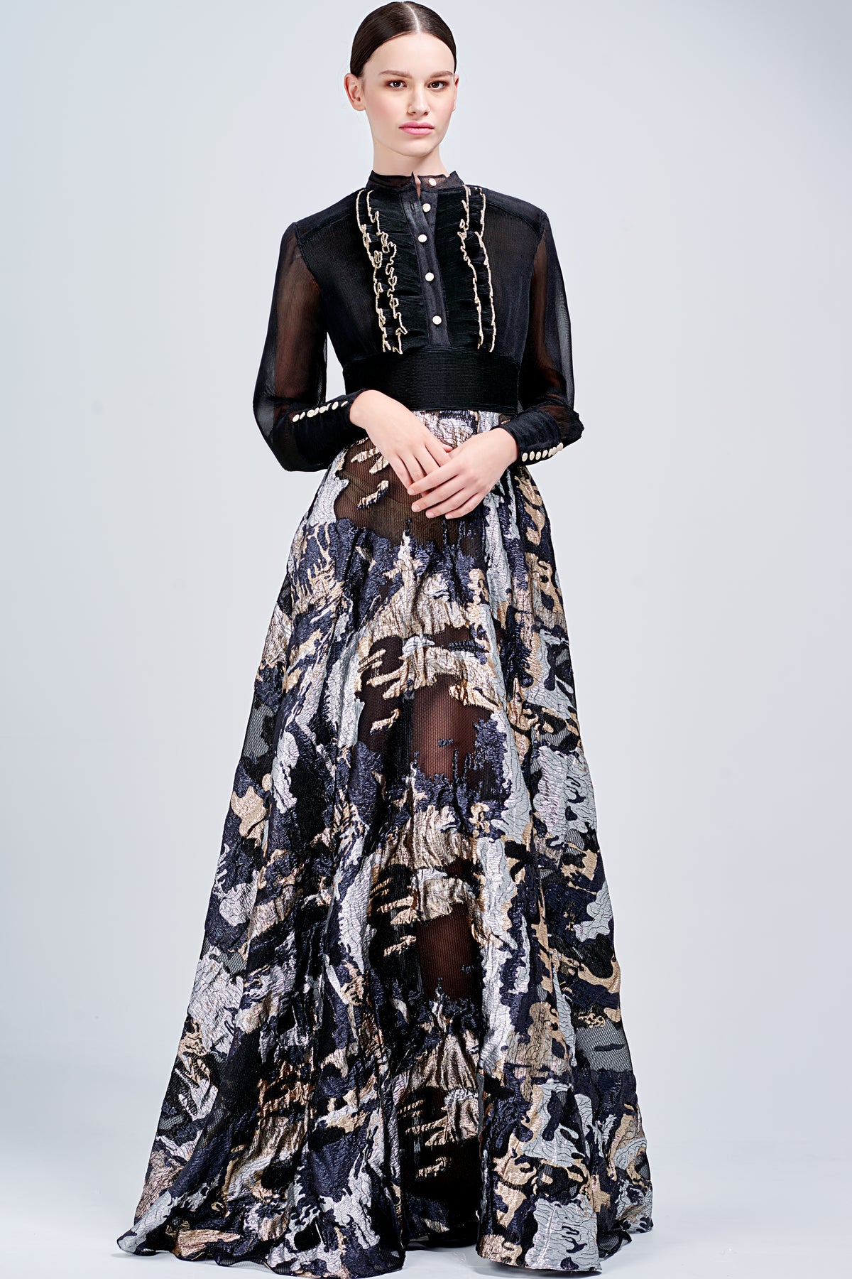 Organza Pleated Ruffled Metallic Burn-Out Organza Long Dress