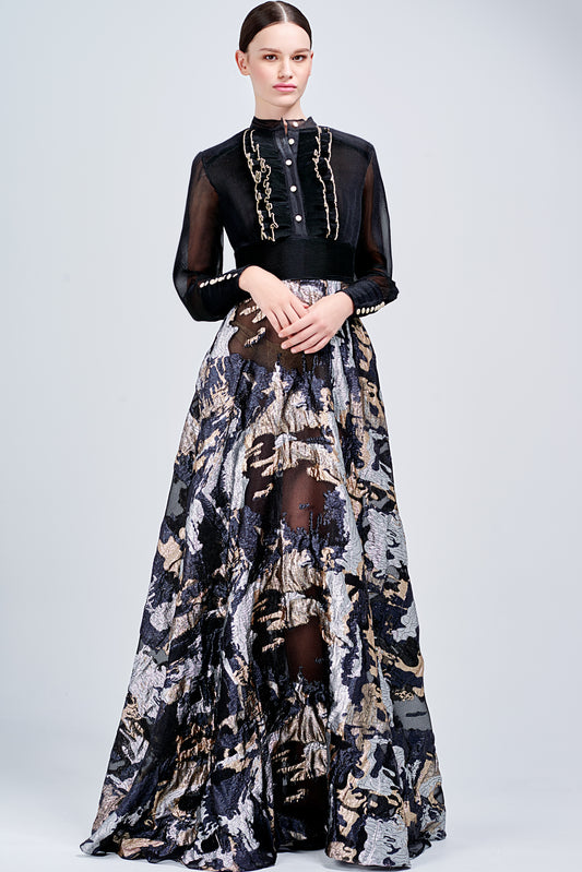 Organza Pleated Ruffled Metallic Burn-Out Organza Long Dress