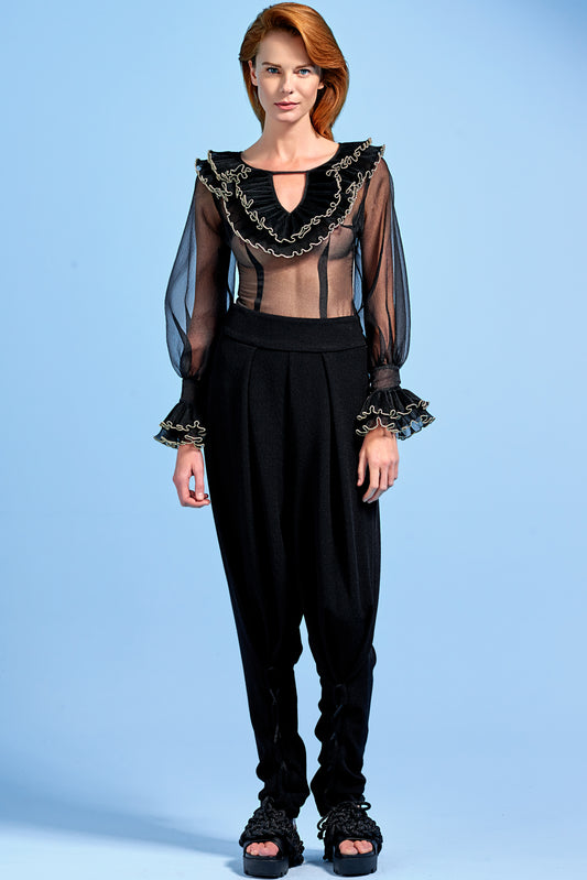 Ruffled Organza Blouse with Metallic Yarn and Stretch Knit Jacquard Shalwar Pant