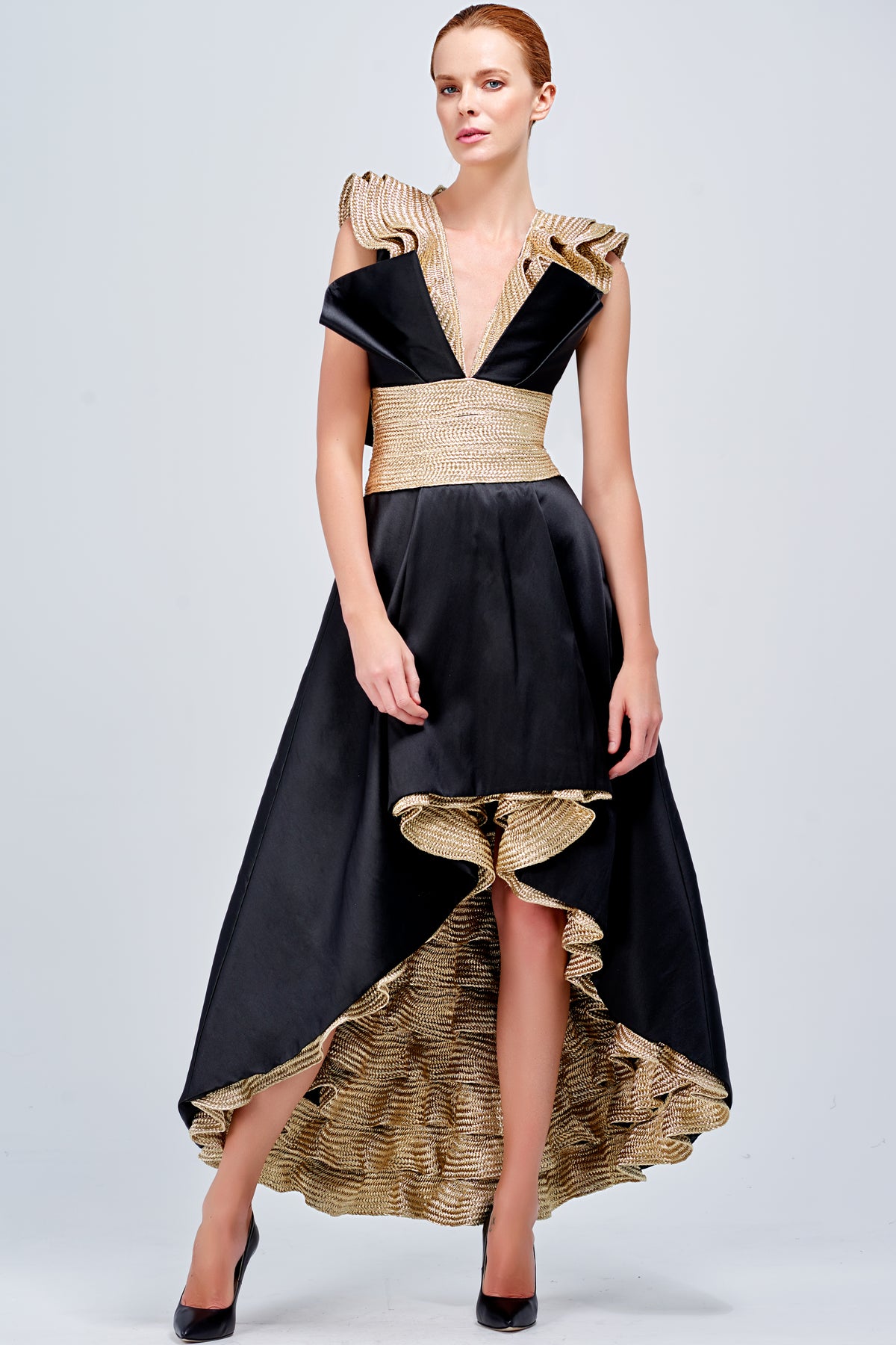 Taffeta High-Low Dress eith Metallic Band Ruffles