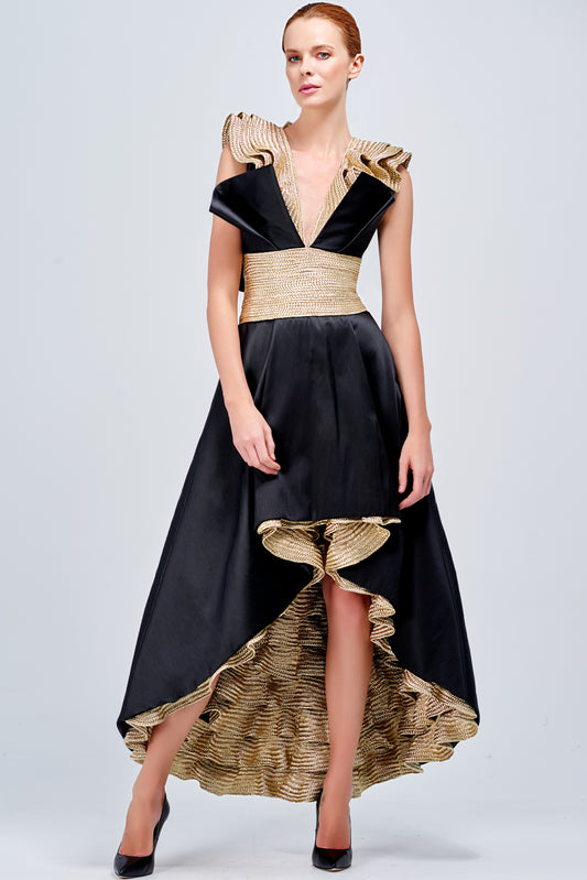 Taffeta High-Low Dress eith Metallic Band Ruffles