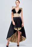 Taffeta High-Low Dress eith Metallic Band Ruffles