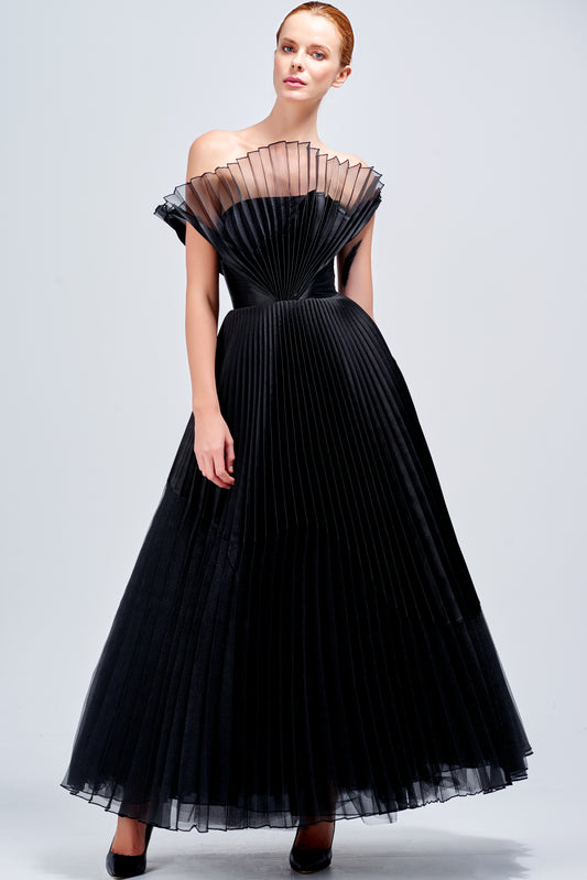 Pleated Taffeta and Organza Long Dress