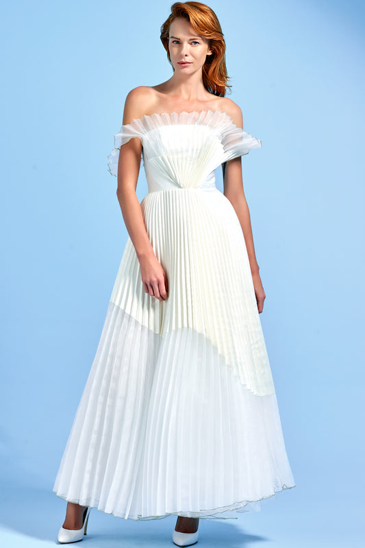 Pleated Taffeta and Organza Long Dress