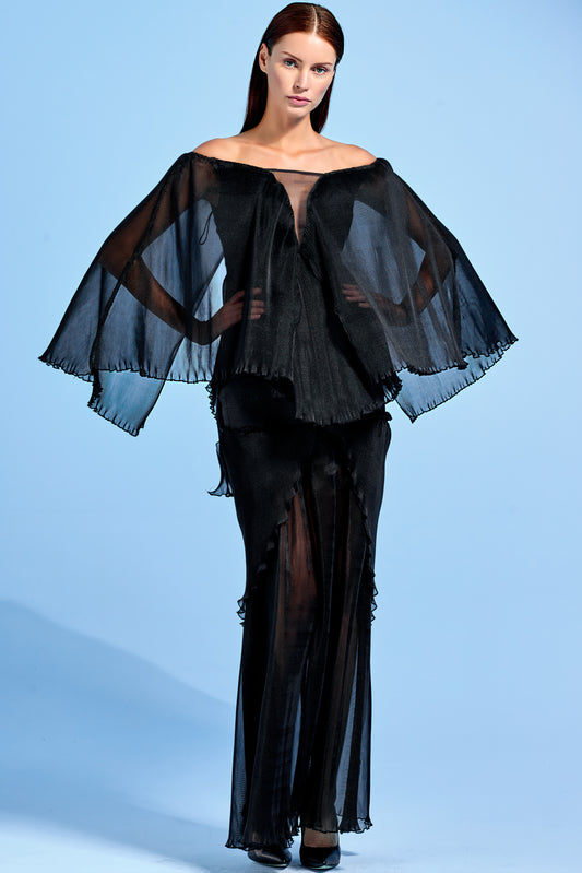 Pleated Organza Long Dress with Metallic Yarn Detail