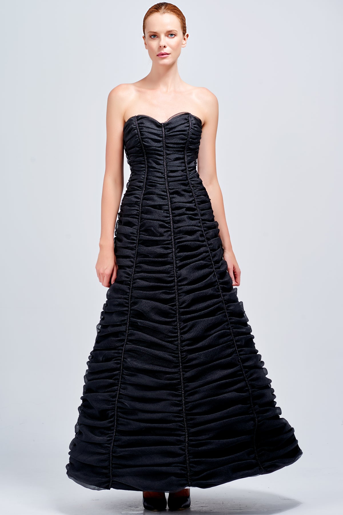 Organza Gathered Long Dress with Metallic Cord Detail