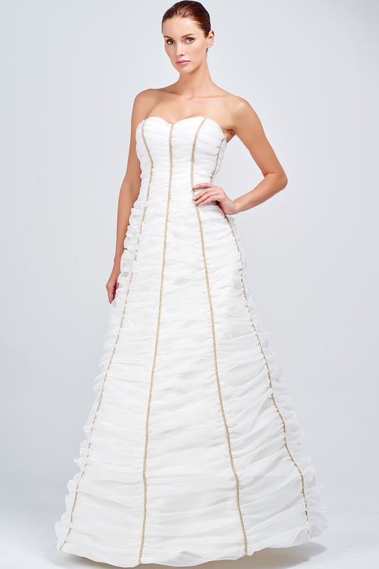 Organza Gathered Long Dress with Metallic Cord Detail