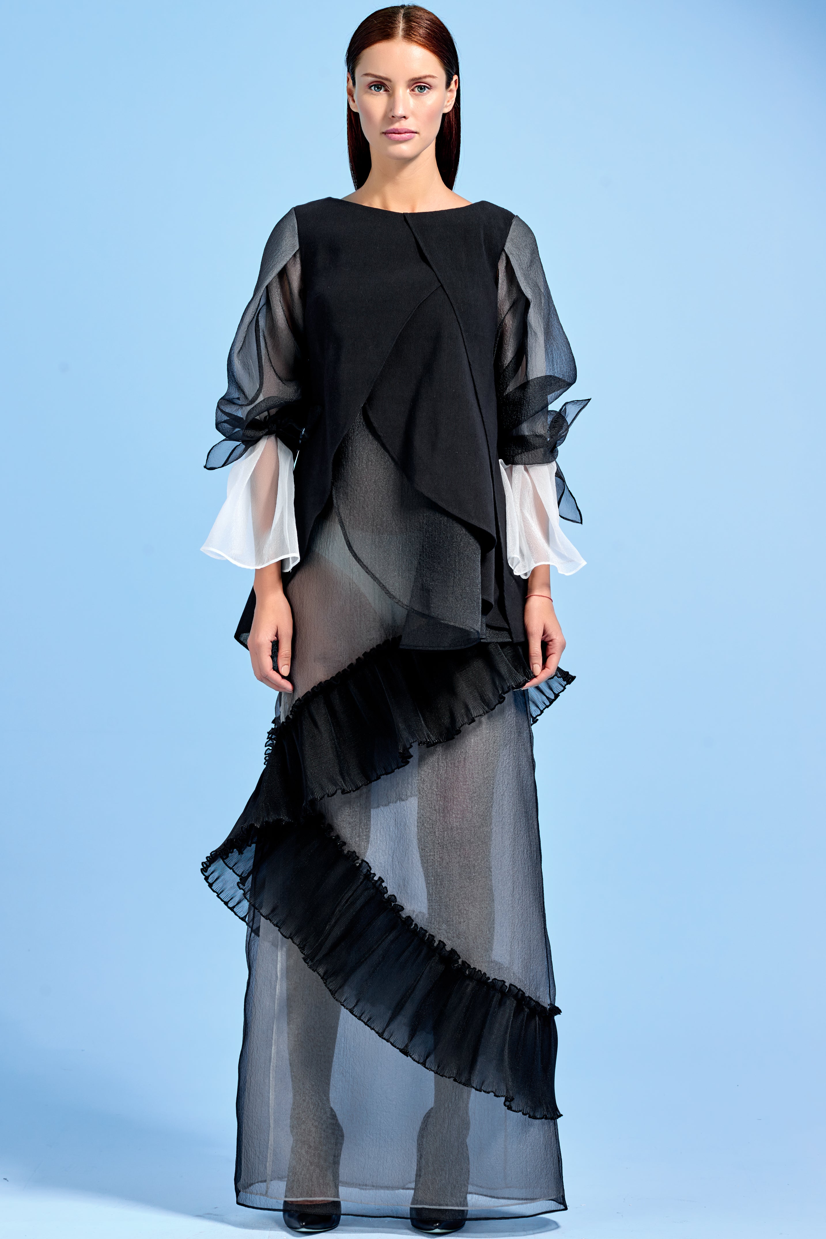 Structured Cotton Twill and Organza Long Dress