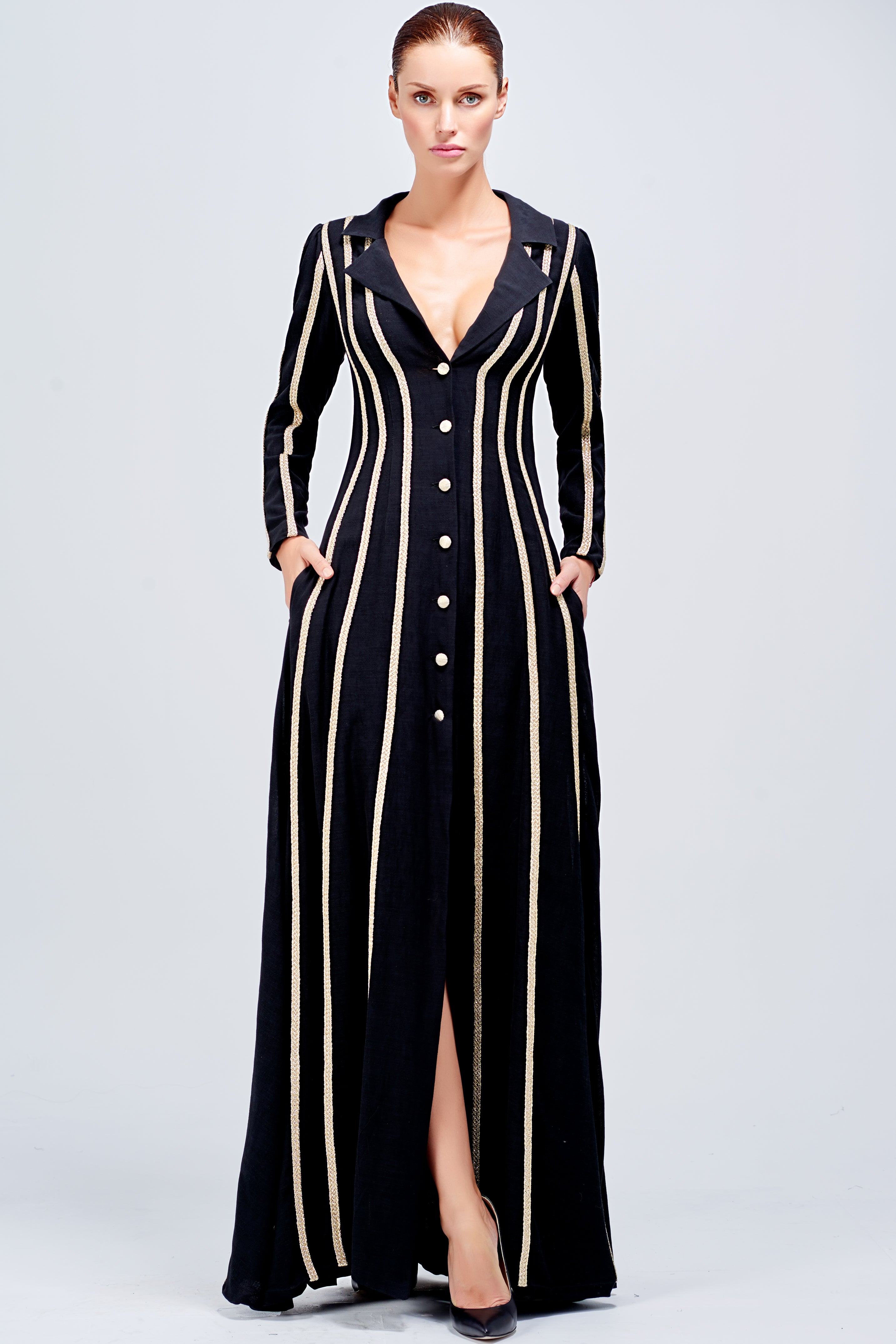 Metallic Cord Striped Viscose Jacquard Long Dress