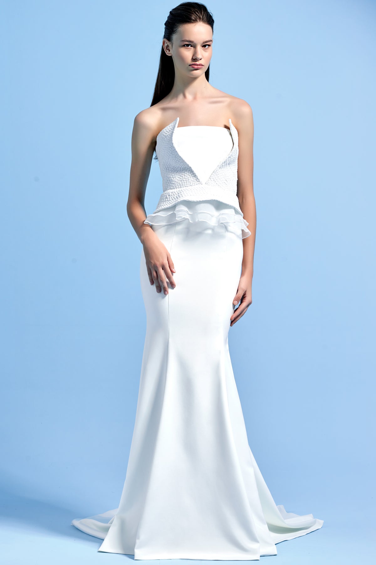 Metallic Band Peplum Faille and Organza Long Dress