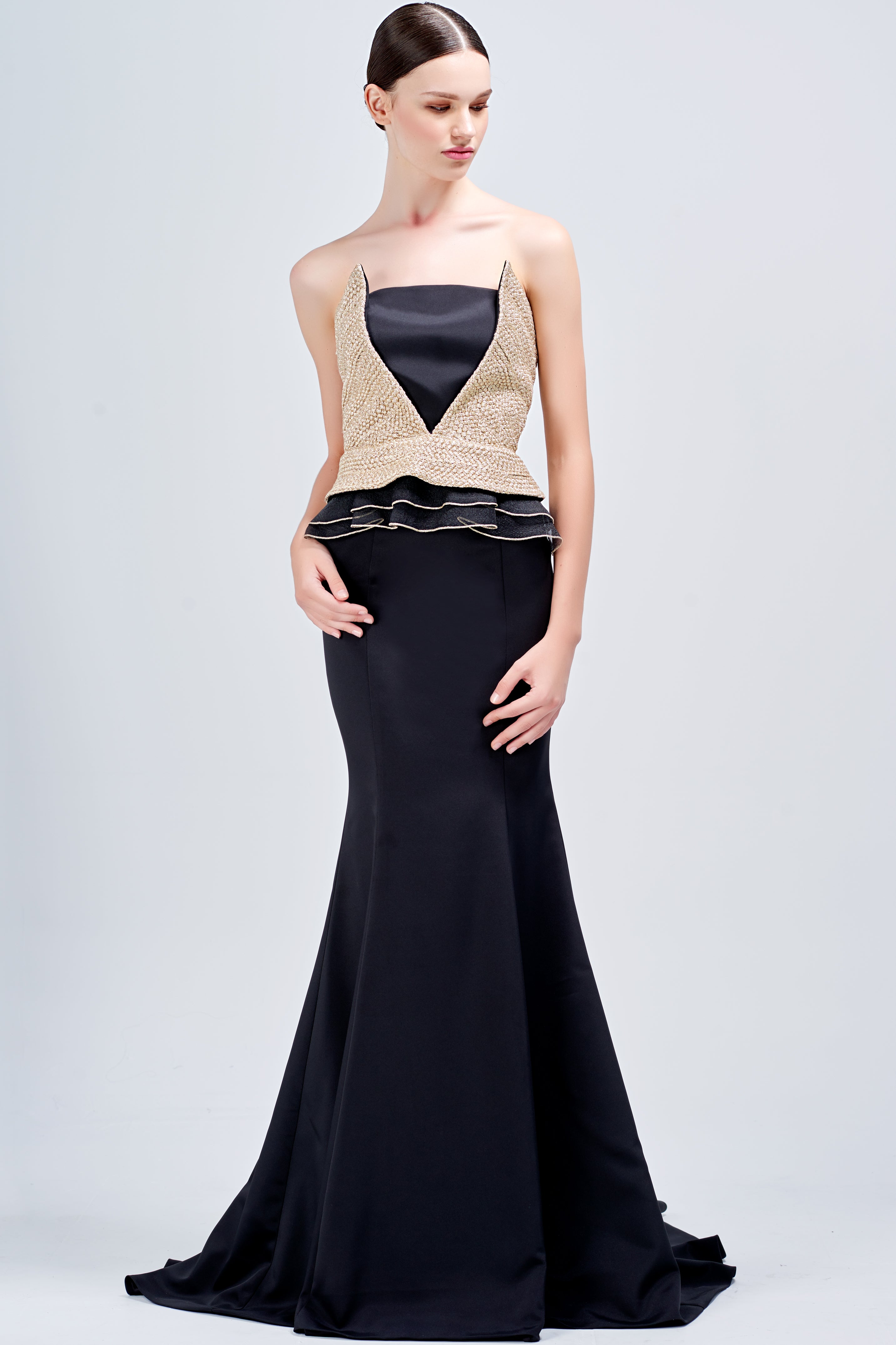 metallic peplum dress Metallic Strapless Peplum Gown With Shimmering Skirt