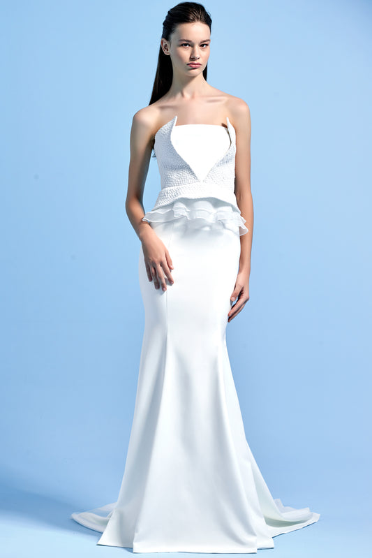 Metallic Band Peplum Faille and Organza Long Dress