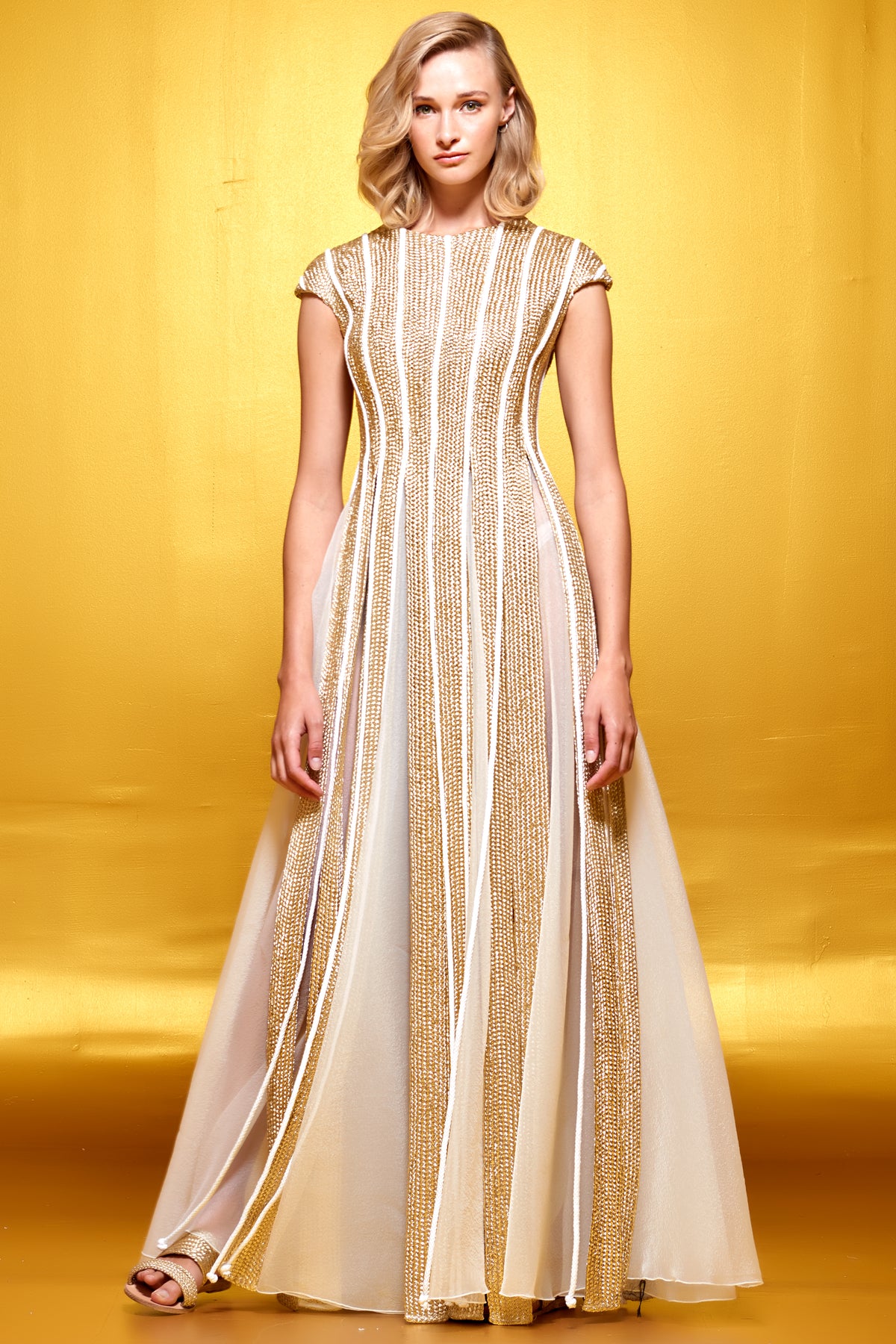 Metallic Cord Panelled Organza Long Dress
