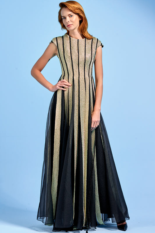 Metallic Cord Panelled Organza Long Dress