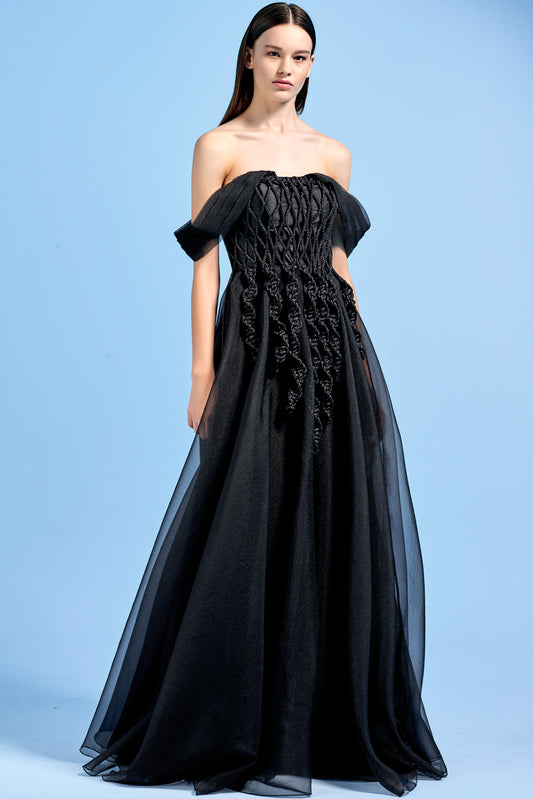 Metallic Hand Weaved Cord Detailed Organza Long Dress
