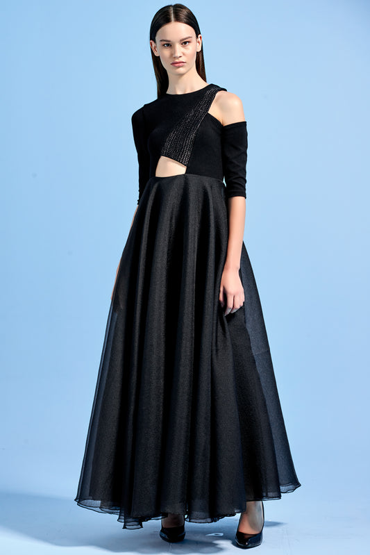 Stretch Knit Jacquard and Organza Long Dress