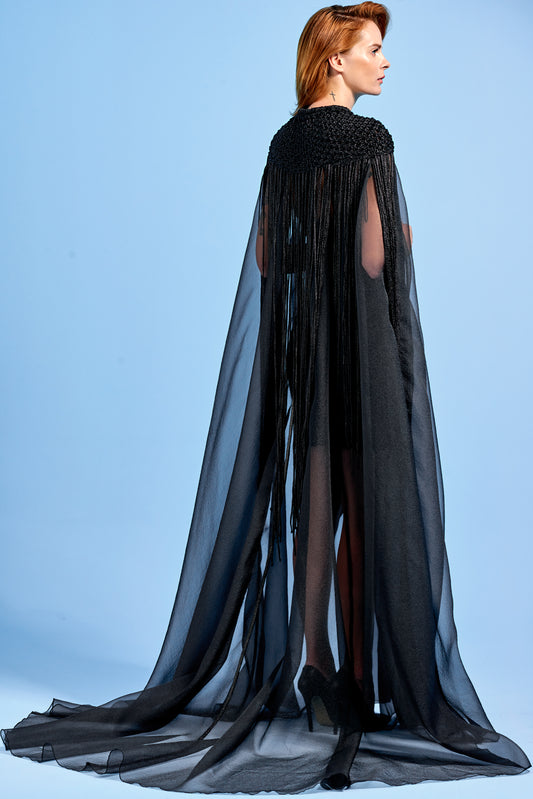 Hand Weaved Cord Detailed Organza Cape with Faille Short Dress