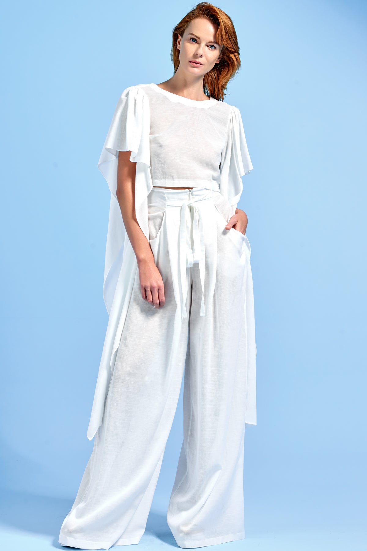 Viscose Jacquard Ruffled Sleeve Top with Viscose Jacquard Wide-Leg Pant