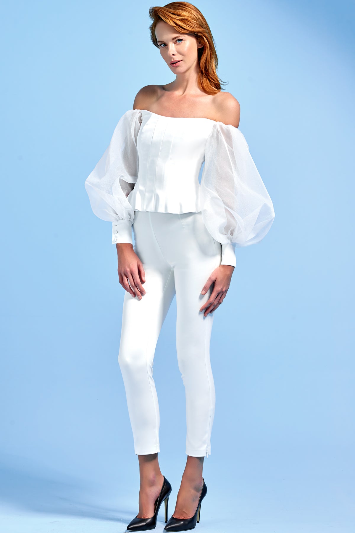 Voluminous Organza Sleeve Corset with Double-Faced Viscose Skinny Pant