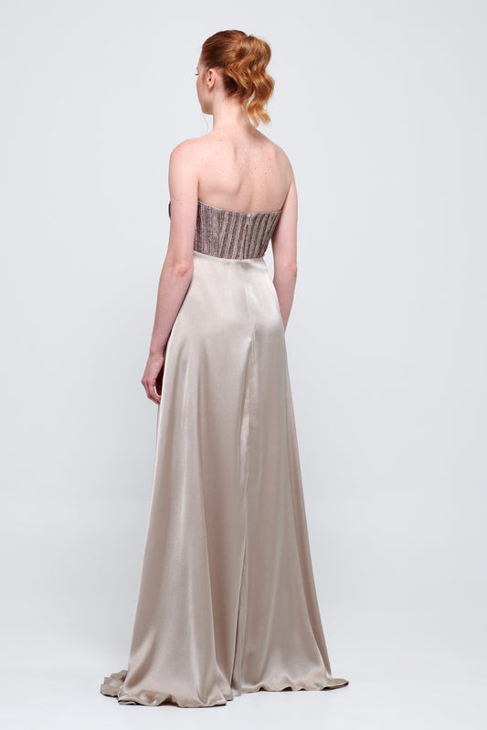 Strapless Pleated Long Mink Color Dress