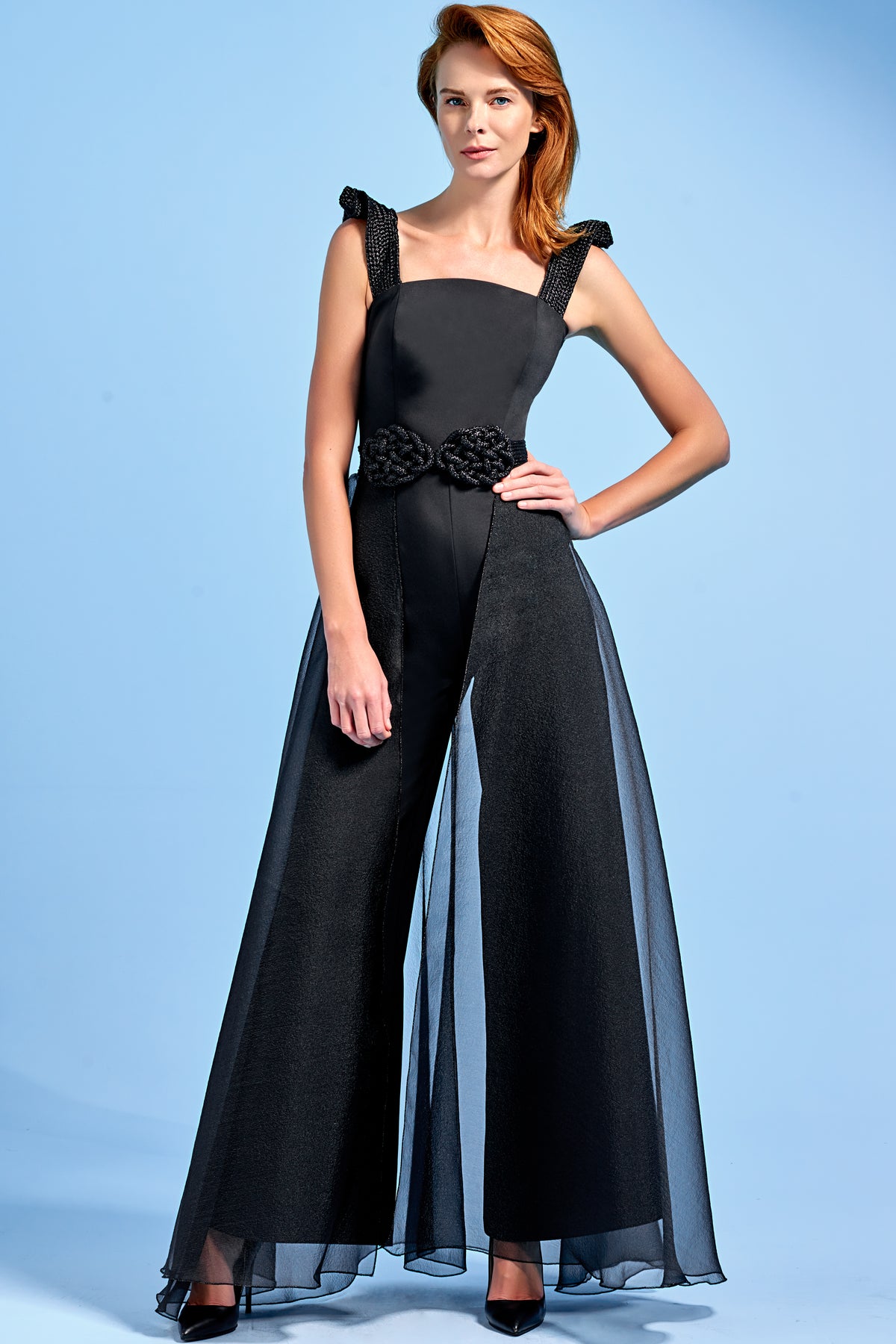 Metallic Band Detailed Jumpsuit with Organza Train